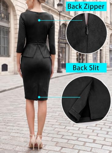 Image of VFSHOW Womens Pleated Crew Neck Peplum Slim Work Business Bodycon Dress | 3 /4 Sleeves, Professional Elegant Church, Funeral, Spring Fall, Fitted Office Pencil Sheath Dress