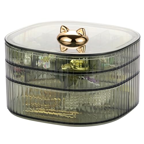RAMFIYN 3 Layer Acrylic Jewelry Organizer, Green Small Cat Clear