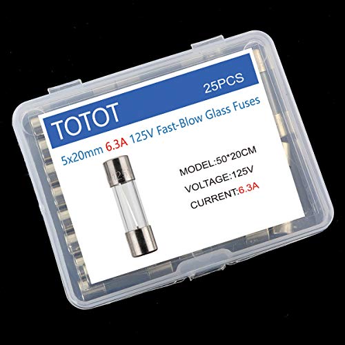 ToToT 25pcs 5x20mm Glass Tube Fuse Tube 6.3A Fast-Blow Glass Safety Tube for Electrical Appliances, Household Appliances, Cars