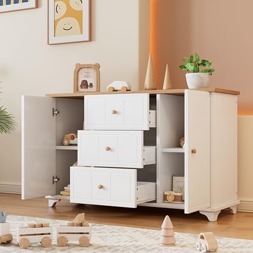 Lcoho Aparador clásico, armario con 3 cajones y 2 puertas, con tiradores naturales, espacio de almacenamiento en el salón y dormitorio, MDF+tablero de partículas, blanco+natural (armario)