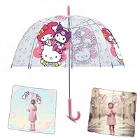 SRV Hub Hello Kitty & Friends Kids Umbrella 75cm, Transparent Dome PVC Brolly for Girls 3-7 Years, Lightweight Windproof Rain Umbrella with J Handle, Durable Portable School Travel Gift