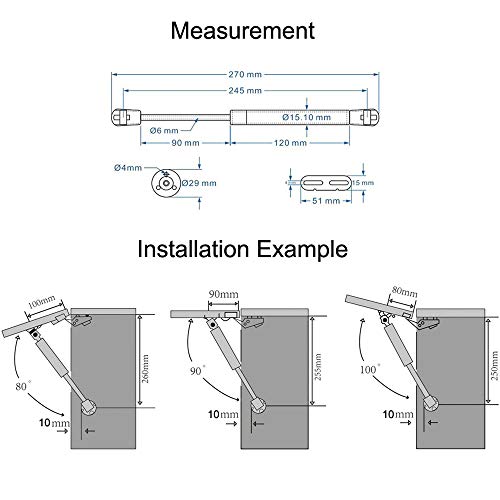 Farwind 10 Inch 50N/11Lb Gas Spring Strut Lift Support Gas Shocks Brass Cover With Fixing Plate For Cabinet Door Box Lid (Pressure: 50N) #TOP4