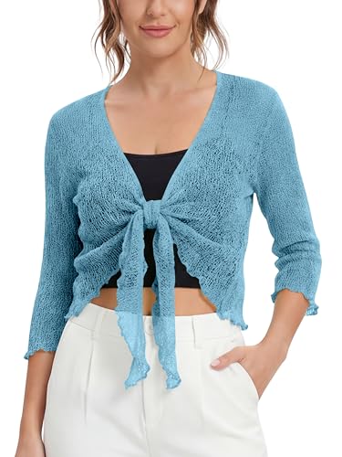 Image of Love My Fashions® Women’s Fish Net Knitted Tie Up Bolero Shrug Top Ladies 3/4 Sleeve One Size Fits All Denim Blue