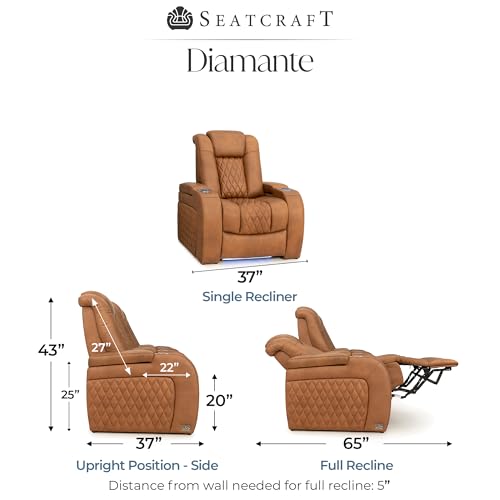 Image of Seatcraft Diamante Tawny Italian Leather Home Theater Seating, Zero Gravity Power Recliner Gaming and Home Office Chair, Powered Headrest Lounge Sofa Furniture for Cinema Room, Single Recliner