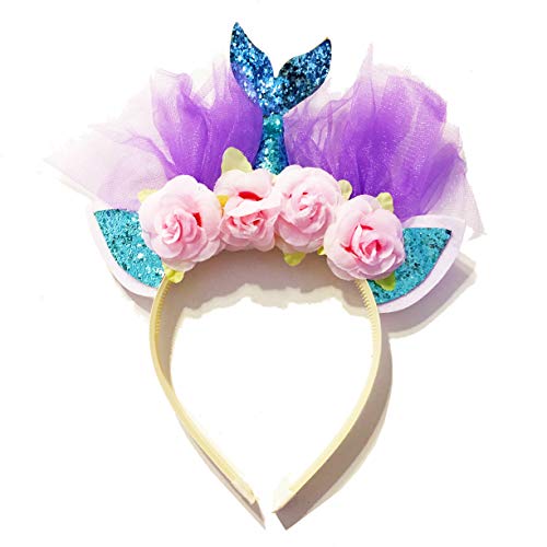 United Unicorns Mermaid Hairband Unicorn Cat Ears Girls Headband Tiara (Mermaid Blue Tail Pink Flowers)