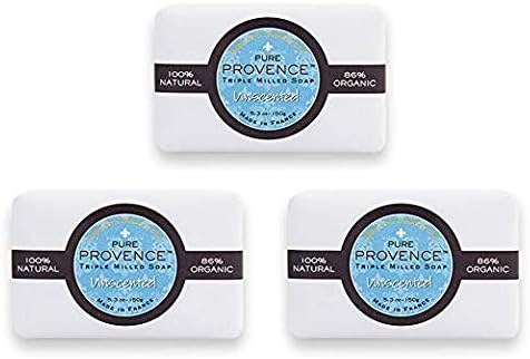 Pure Provence Certified Organic Triple Milled Unscented Soap | Shea Butter | Sensitive Skin | Extra-Gentle Luxury Full Size Bar | Made in France | 5.3oz (150g) Soaps (3 Bars)