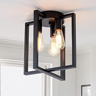 Flush Mount Ceiling Light Fixture, 3-Light Industrial Vintage Square Black Ceiling Lights, Farmhouse Modern Metal Geometric Ceiling Lamp for Living Room, Kitchen, Bedroom, Dining Room, Foyer, Hallway