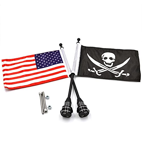True Vision Motorcycle Black CNC Rear Side Mount Flag Pole with USA + Skull Flag Pirate flag Model_ID Siliconco503