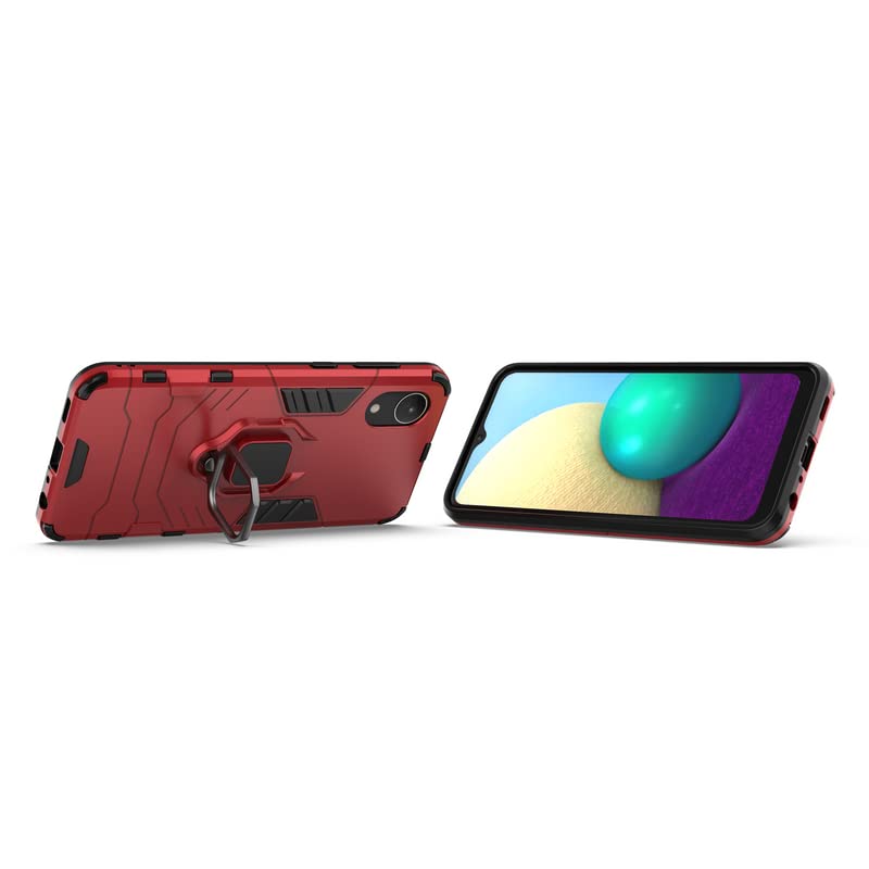 Image of Hybrid Armor Shockproof Soft TPU and Hard PC Back Cover Case with Ring Holder for Samsung Galaxy A03 Core (Red)