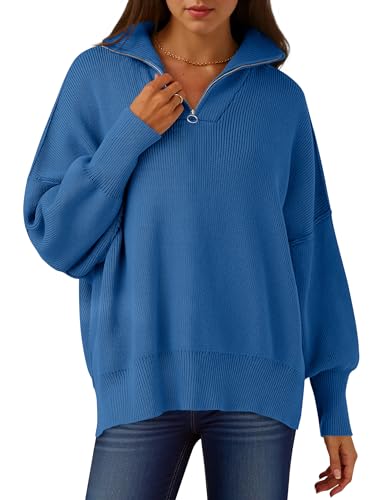 Image of ANRABESS Womens Oversized Quarter Zip Pullover Sweaters | Fall Fashion Outfits, Long Sleeve Slit Side, Baggy Loose Fit, 1 /4 Zip Lapel Collared, Ribbed Knit Soft Warm Winter Clothing