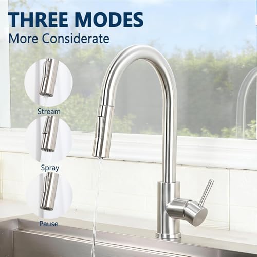HOTIS Kitchen Sink Faucet Brushed Nickel with Pull Down Sprayer, Single Hole Stainless Steel Bar Faucet, 360° Swivel Pull Out Sink Faucets for Kitchen, Laundry & Bar Sinks, HT-KF100 by HOTIS HOME - Used condition - Image 4