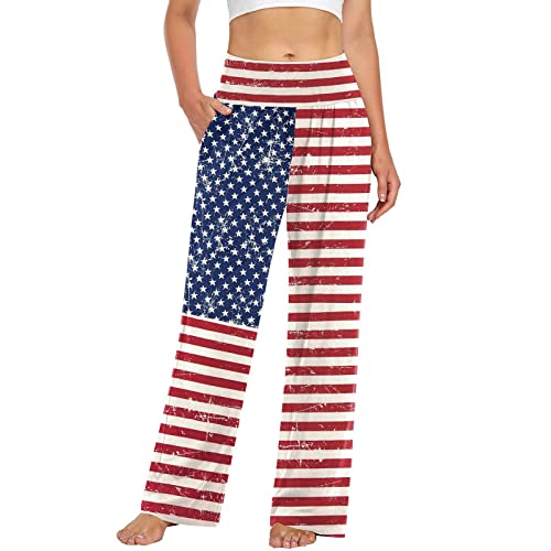 XUNRYAN Women's Casual Wide Leg Yoga Pants 4th of July Sweatpants Loose High Waisted Sports Athletic Lounge Pants w Pockets Blue