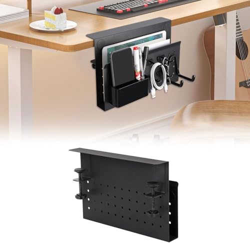 MIAODAM デスクサイド 収納ラック クランプ 新登場 テーブルサイドポケットノートパソコンスタンドイヤホンスタンドノートPC タブレット 書類 収納 机の下 フック4個 パソコンラック ペンホルダー付属 オフィス用品 自宅用