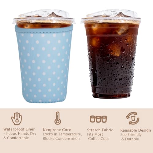 Image of Reusable Insulated Sleeve for Iced Coffee Cup, 3-Pack Coffee Neoprene Drink Sleeve for Cold & Hot Drinks, Beverage Holder for Iced Coffee (Aqua Dots)
