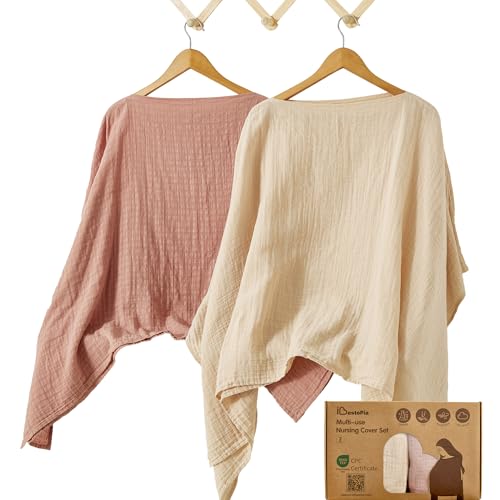Image of IBESTOPIA Muslin Nursing Cover for Breastfeeding – 360° Full Privacy & Comfort, Soft Breathable Cotton, Multi-Use Cover for Baby Car Seat & Stroller, Gift Box Included (Linen & Dusty Pink)