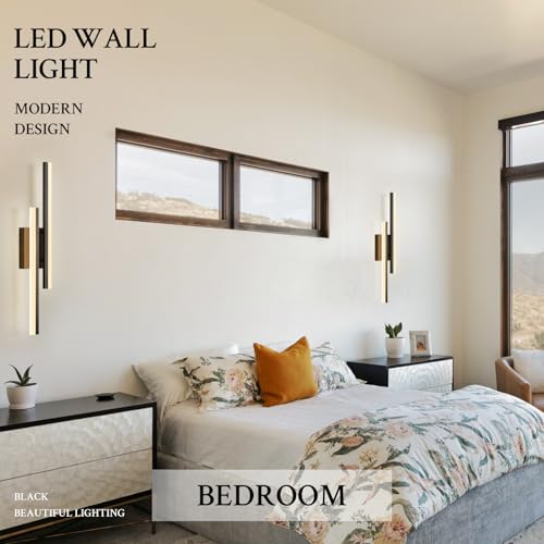 Image of LED Wall Sconce Set of 2 Black Remote Modern LED Vanity Lights Set of 2 Indoor Wall Light Fixtures for Living Room, Dimmable Wall Sconce for Bedside Bedroom Bathroom, L23.6inch 2 Pack