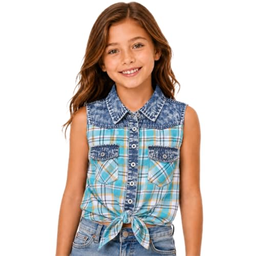 Image of Bienzoe Western Plaid Girls Shirt: Sleeveless Button Down