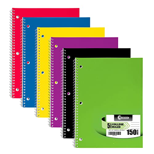 Rosmonde 5 Subject Spiral Notebook College Ruled, 6 Pack, 300 Pages (150 Sheets), 8" X 10-1/2", School & Office Note Books, Sturdy Spiral Bound, Soft Cover, Assorted Fun Colors, 5 Subject Notebooks #TOP5
