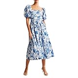 Puff Sleeve Midi Dress, Women's Summer Casual Flowy Beach Floral Ruffle Hem Maxi Dresses (Blue+White,S) -  BFDSGWQ