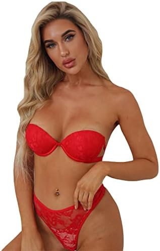 MakeMeChic Women's Strapless Underwire Bra Floral Lace Push Up Bra Red M