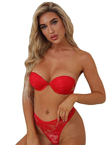 Makemechic Women's Strapless Underwire Bra Floral Lace Push Up Bra Red M #TOP3