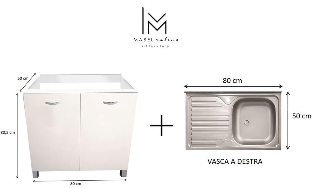 MABEL Mobile Sottolavello Cucina Bianco Organizer in Legno Nobilitato con Lavello da Appoggio in Acciaio Vasca a Destra con Gocciolatoio - L 80 cm x P 50 cm x H 83,5 cm