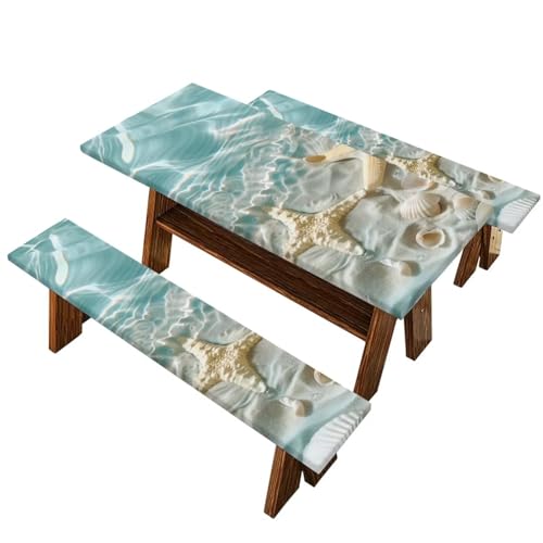 Hudotybom Picnic Table Cover with Bench Covers Beach Starfish Camping Table Covers for 8 Foot Tables 3 Pcs Picnic Table Bench Covers Camping Essentials for Camper, 94x30 Inches