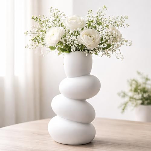 Image of Ceramic Pebble Vase, 9 inch Stacked Stone Design for Pampas Grass & Modern Home Decor, Unique Geometric Flower Vase Centerpiece (White)