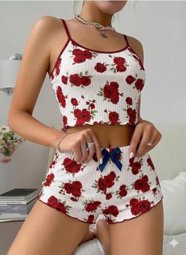 Image of SGC SWEDEN Women's Babydoll Lingerie Set with Boyshorts Panty, Cotton Blend, Multi-Colour, Free Size, 30-36 Inches, Adjustable Straps