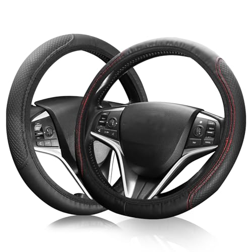 2Pcs Car Steering Wheel Cover Size 37-38cm /14.5-15inch Leather Breathable Steering Wheel Cover Soft Anti-Slip Breathable Car Steering Wheel Car Interior Accessories Black,red