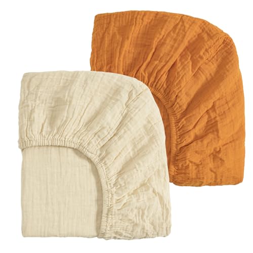 Image of david's kids Muslin Mini Crib Sheets, 2 Pack Cotton Pack N Play Sheets for Boys Girls Neutral, Soft Breathable Baby Sheets Fit Pack N Play, Playard and Mini Crib Mattresses, Beige & Ginger
