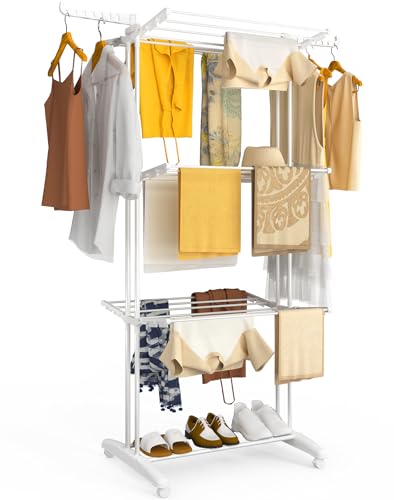 VOUNOT® Tendedero Vertical Plegable Tipo Torre 4 Niveles Dobles Zapatero Tendedores Ropa Gran Capacidad Secadora con Ruedas Alas Plegables Estantes de Secado Ropa Interior/Exterior 125x62x173cm Blanco