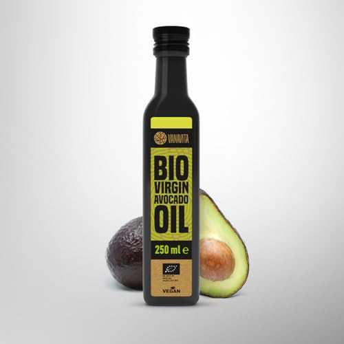 Foto von VanaVita Natives BIO Avocadoöl - 100% reines Öl aus Bio-Avocados, reich an gesunden Fetten, ideal zum Kochen & Braten, hoher Rauchpunkt, Avocado Oil für Salate, Avocadoöl Bio, Avocado Öl, 250 ml