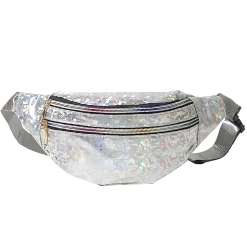 MUNSKT Glänzende Hüfttasche mit verstellbarem Gurt, 3 Fächer, glatter Reißverschluss, wasserdichte Bauchtasche, heller Laserblitz für Party, Karneval, Sommer, silber, 30 x 7 x 14 cm