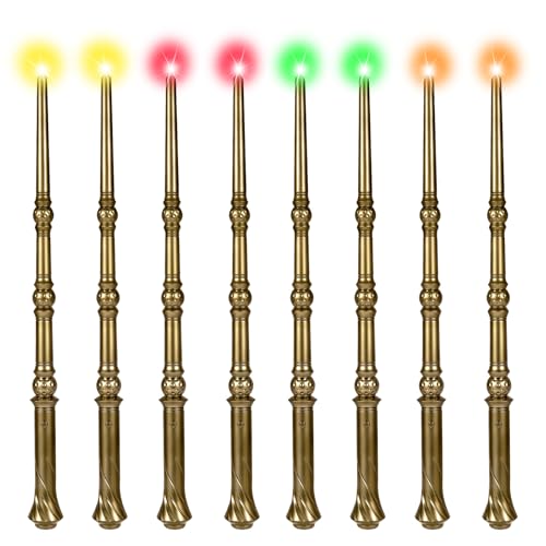 KingVows Light Up Magic Wizard Wand with 4 Color Lights & Sound - Set of 8 Illuminating Witch Sorcerer Toys for Kids Cosplay Party, Golden