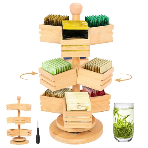 GWCYMYD 3-Tier Bamboo Tea Bag Organiser, 360° Revolving Holder with 9 Compartments for Kitchen and Home Office