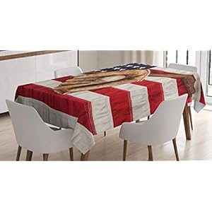 Ambesonne Baseball Tablecloth, A Vintage Sport League Equipment USA Grunge Glove Bat Fielding Activity Theme of an Artwork, Rectangular Table Cover for Dining Room Kitchen Decor, 60″ X 90″, Brown Red