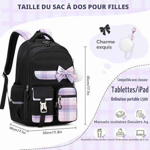Cartable fille primaire Tanou : sac à dos scolaire et collège étanche à carreaux pour adolescentes - 4
