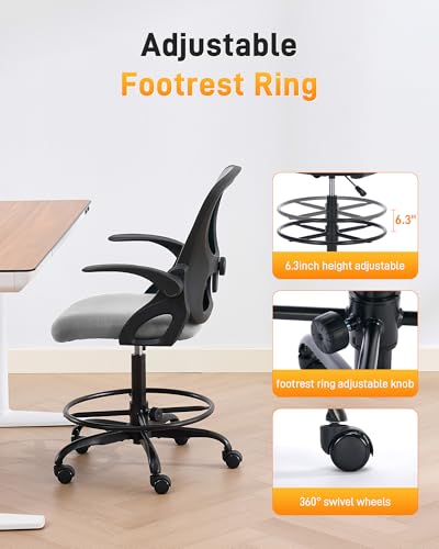 Image of LukkDys Drafting Chair with 4D Multi-Adjustable Backrest, Tall Office Chair 19.7 inch-27.6 inch Seat Height, Ergonomic Standing Desk Chair with Flip-up Arms, Foot Ring, Grey&Black