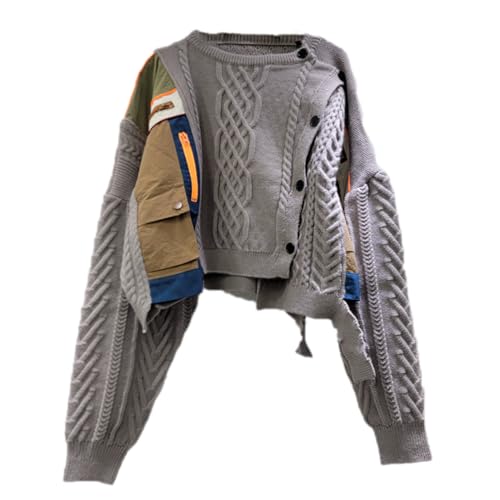 Women Irregular Patchwork Single-Breasted Plaid Stripe Cardigan Sweater Contrast Color Warm O-Neck Long Sleeves Knitted Tops