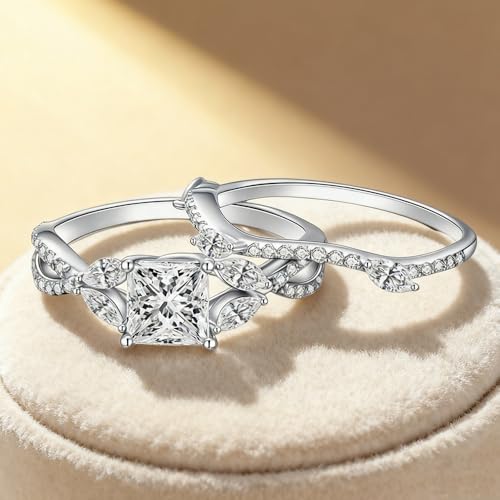 Blocaci Princess Cut Bridal Ring Set for Women Bridal Sets Wedding Rings, 1-1/2 Carat(ctw) Moissanite Leaf Flower Band 925 Sterling Silver 10K 14K 18K Gold Engagement Ring Set Free Engraving4