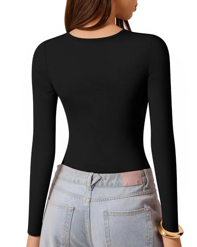 ALGALAROUND Women's Cutout Tops Basic Long Sleeve Round Neck Slim Fit T-Shirts3