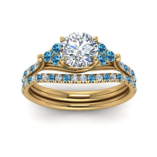 Image of Choose Your Gemstone Round Cut Petite Cathedral Wedding Ring Set Yellow Gold Plated Round Shape Wedding Ring Sets Matching Jewelry Wedding Jewelry Easy to Wear Gifts US Size 4 to 12