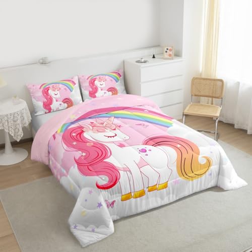 Image of Erosebridal Unicorn Girls Bedding Set Toddler | Kids Rainbow Unicorn Comforter Set Kawaii Cute Reversible Stars Butterfly Quilt Comforter Teens Children Adults Cartoon Room Decor All Season,2 Pcs