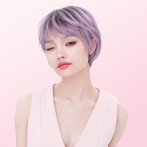 Rebecca Youth ウィッグ ボブ トレンディカラー レディース フルウィッグ ショートストレート 女装 人毛 総手植え 人気スタイル 分け目自由 通気 自然 軽量で超リアル おしゃれ (グレイッシュパープル, 23CM)
