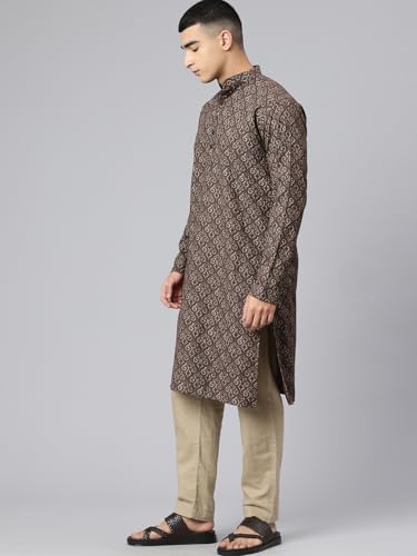 Image of Majestic Man Men's Regular Fit Ethnic Motifs Printed Pure Cotton Long Kurta with Mandarin Collar & Full Sleeves