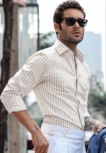 Image of IndoPrimo Men's Striped Shirt | Premium Slim Fit Full Sleeve Formal Casual Shirt | Button-Down Cotton Shirt for Office