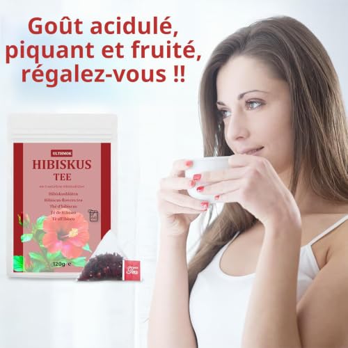 Thé à l'hibiscus | Hibiscus Tea Premium - 60 sachets | 100 % fleurs d'hibiscus séchées pour thé, thé aux fruits – vue 4