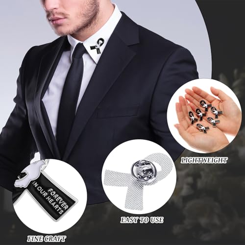 Quelay 100 Sets Black Funeral Ribbon Pins Funeral Favors Ribbon Pins Prayer Cards and Organza Bags Awareness Lapel Forever in Our Hearts Memorial Brooch for Mourning Remembrance Day4