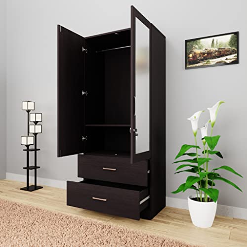 Image of VIKI Wardrobe | Wooden Almirah for Clothes,Door for Bedroom, 2 Door Wardrobe with Drawer, Mirror & Hanging Space (Dark Wenge - 40D x 80W x 180H) | 1 Year Warranty | Free Assembly